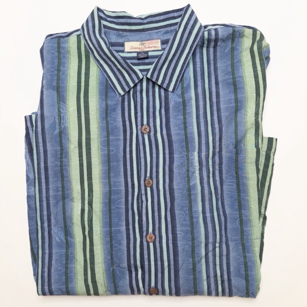 Tommy Bahama Relax 100% Silk Beach Short Sleeve ButtonDown XL Striped Blue Green